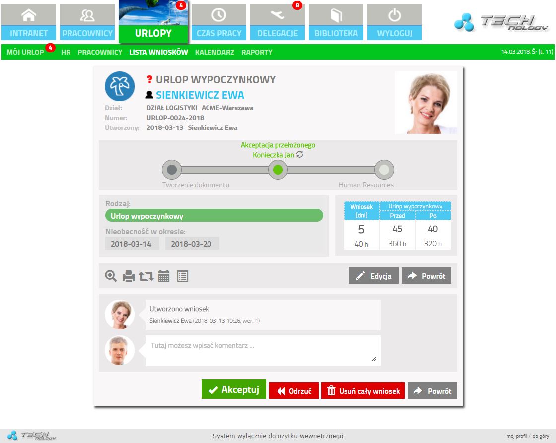 Akceptacja wniosku urlopowego