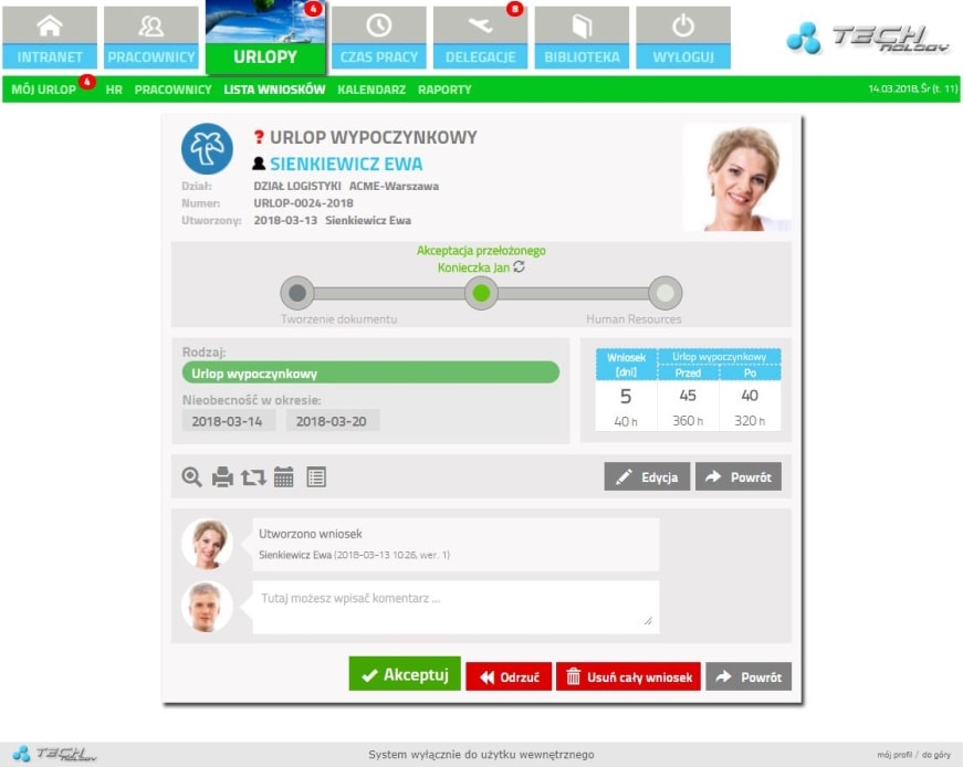Akceptacja elektronicznych wnioskow urlopowych